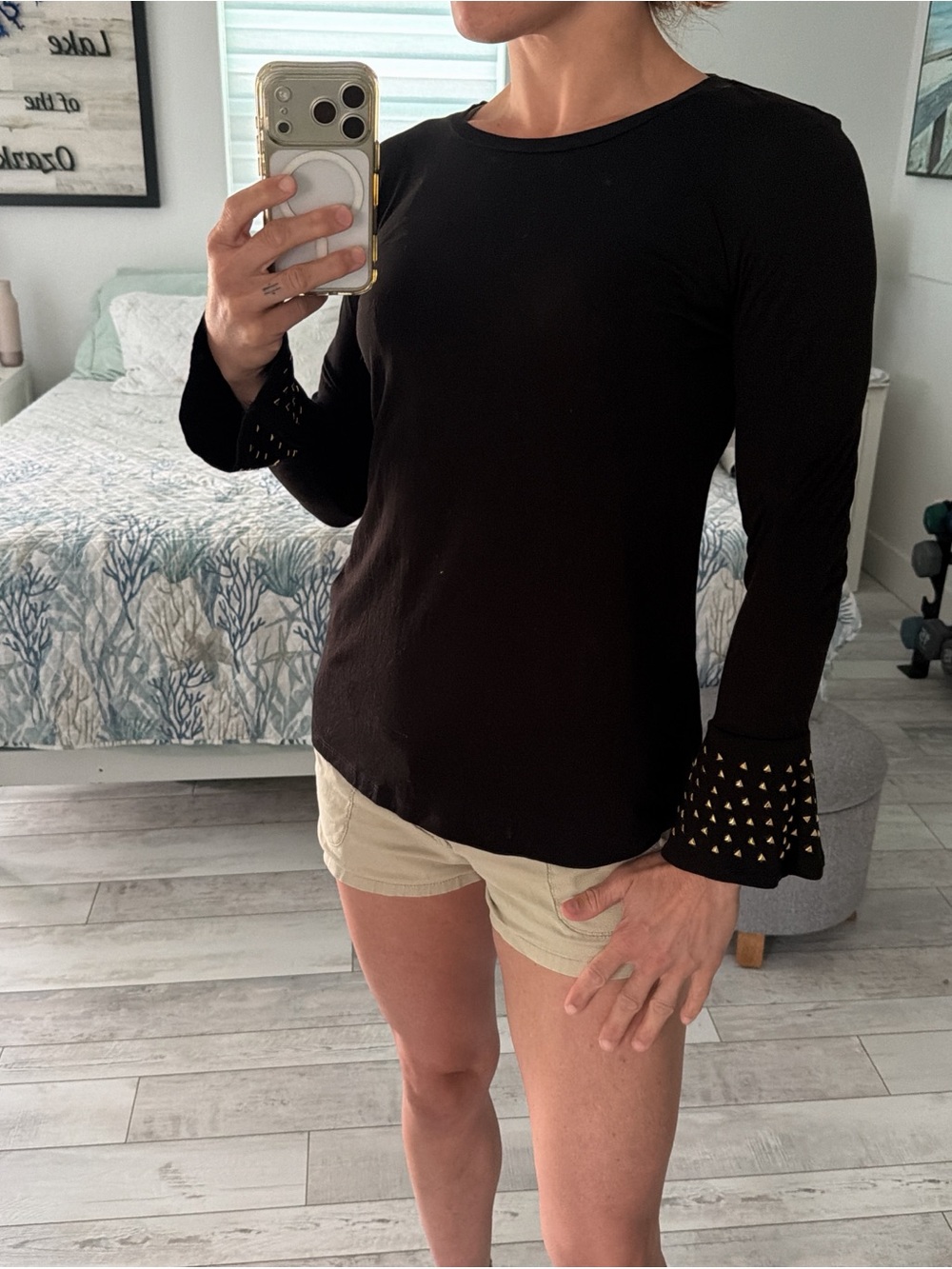 MICHAEL Michael Kors Black Long-Sleeve Top with Studded Flare Cuffs